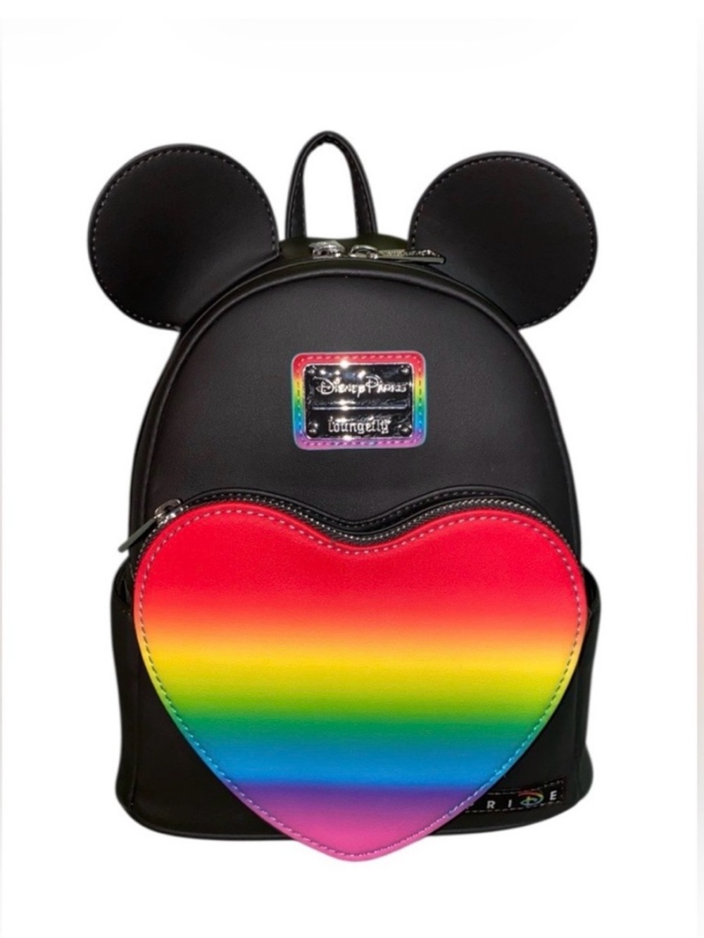 Loungefly Pride Black Mini Backpack with Rainbow Heart Pocket and Mouse Ears
